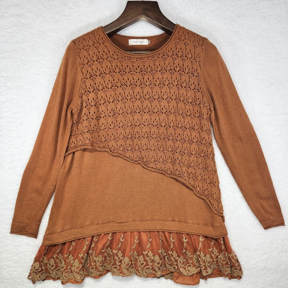 Simply Couture Orange Long Sleeve Layered Lace Fall Sweater Size L Boho Pullover